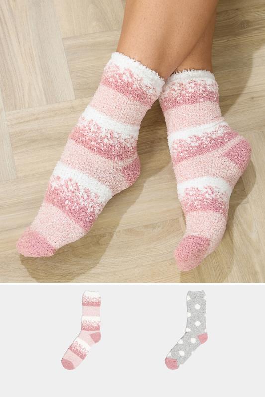 2 PACK Grey & Pink Fluffy Bed Socks | Yours Clothing 1