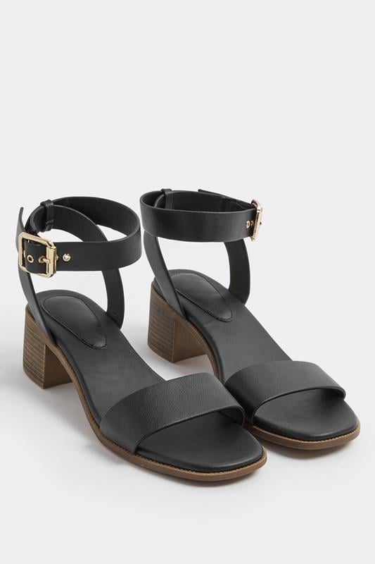 Black Faux Leather Block Heel Sandals In Wide E Fit