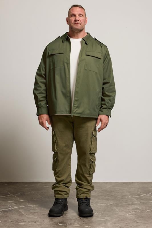 BadRhino Big & Tall Khaki Green Military Zip Through Overshirt | BadRhino 3