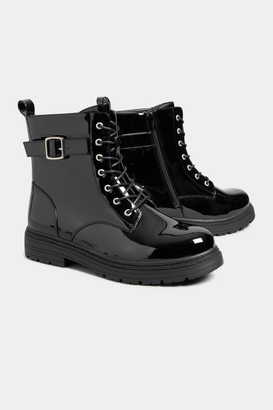 Black Patent Buckle Lace Up Ankle Boots In Wide E Fit & Extra Wide EEE Fit | Yours Clothing 5