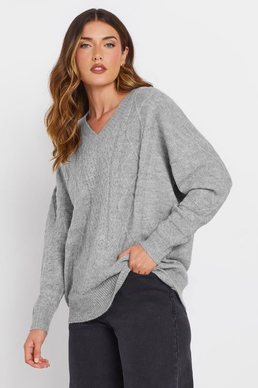 LTS Tall Grey Cable Knit V-Neck Jumper | Long Tall Sally 2