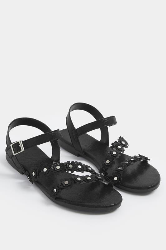  Yours Black Ditsy Floral Sandals In Wide E Fit