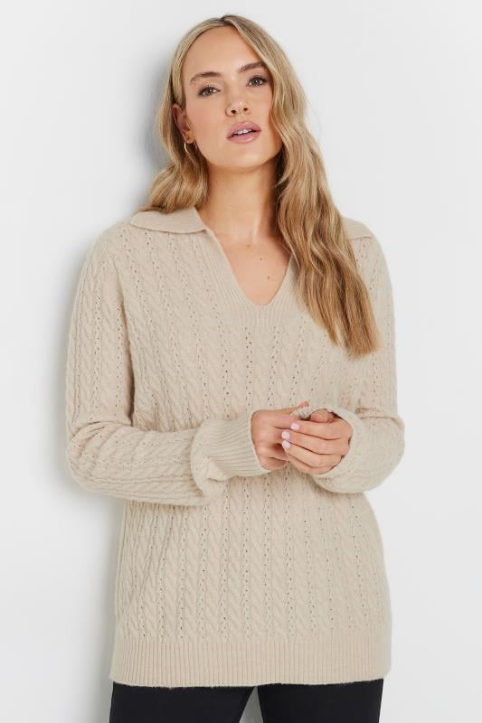 LTS Tall Beige Brown Open Collar Cable Knit Jumper | Long Tall Sally 1