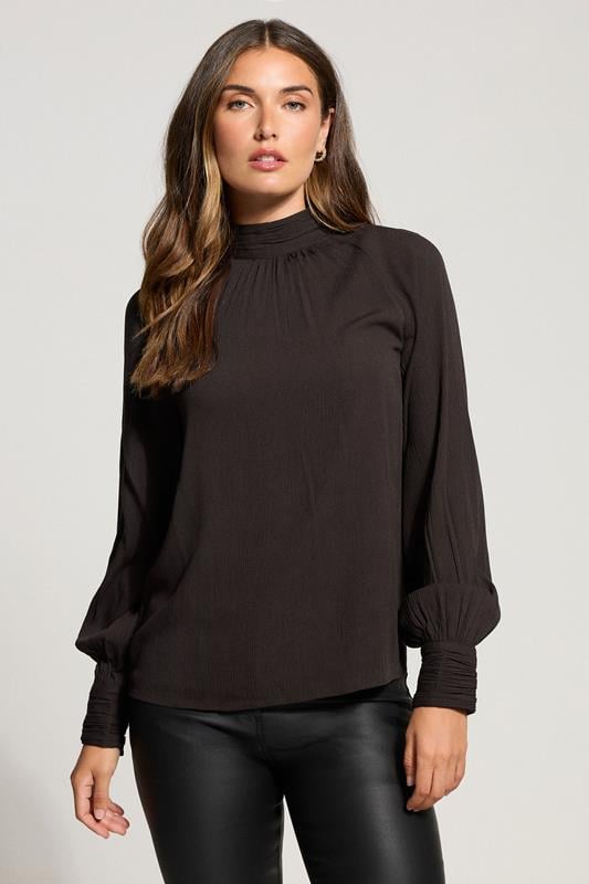LTS Tall Chocolate Brown High Neck Crinkle Blouse | Long Tall Sally 1
