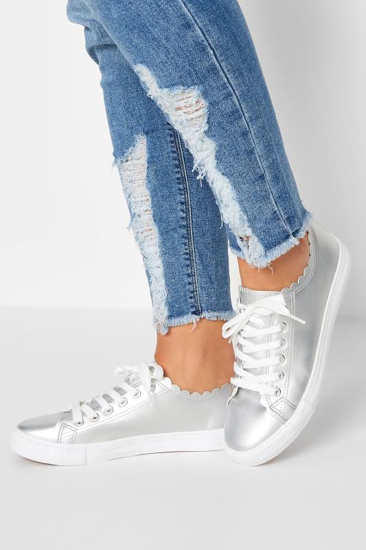 Silver Scalloped Edge Trainers In Wide E Fit | Yours Clothing 1