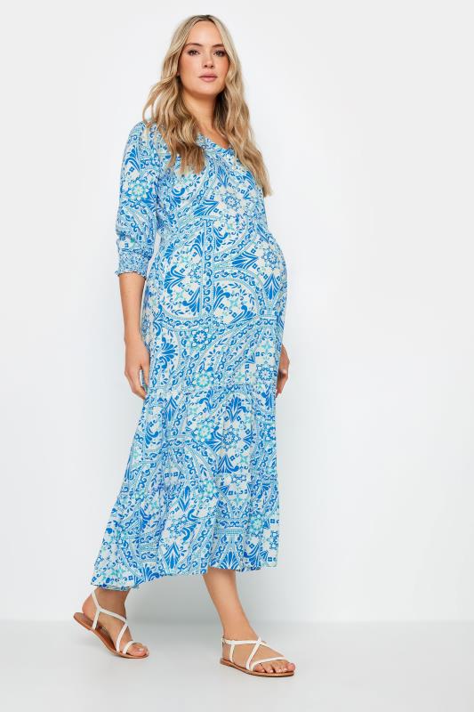 LTS Tall Maternity Blue Tile Print Tiered Midaxi Dress | Long Tall Sally 2