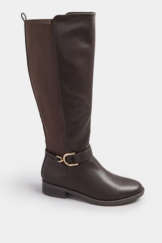 Brown Buckle Stretch Back Knee High Boots In Standard Fit | Yours Clothing 3