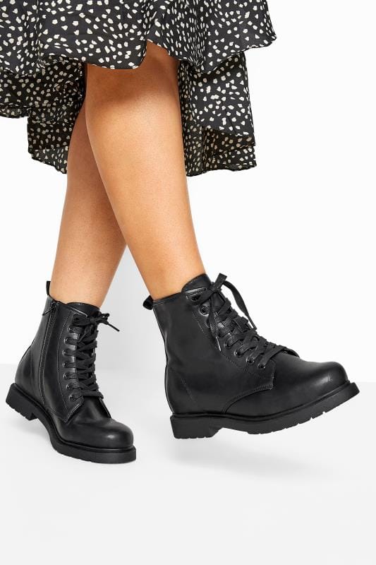 Black Vegan Faux Leather Lace Up Ankle Boots In Wide E Fit & Extra Wide EEE Fit | Yours Clothing 1