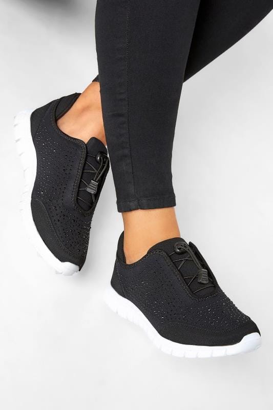 Black Embellished Trainers In Wide E Fit & Extra Wide EEE Fit | Yours Clothing 1