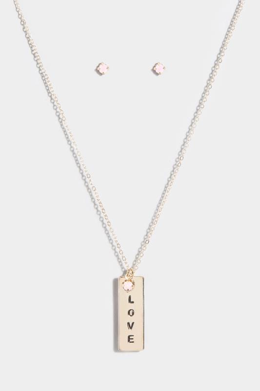 Gold & Pink Live Laugh Love Necklace & Stone Earring Set 2