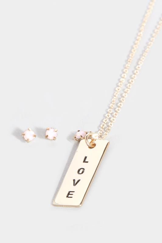 Gold & Pink Live Laugh Love Necklace & Stone Earring Set 3