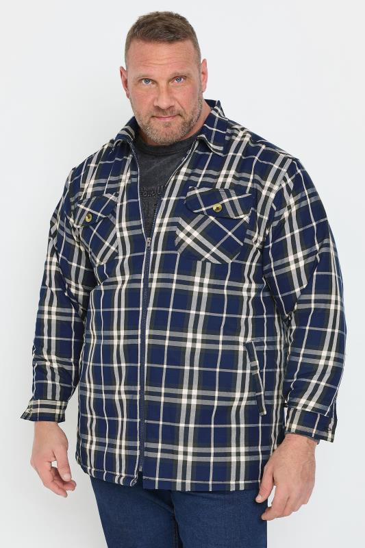 KAM Big & Tall Navy Blue Zip Through Quilted Check Overshirt | BadRhino 2