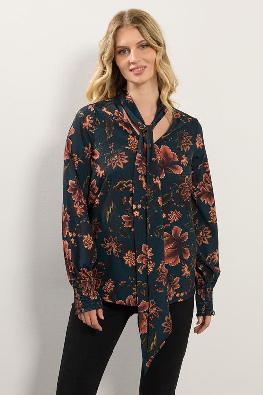 LTS Tall Teal Blue Floral Tie Neck Blouse | Long Tall Sally  2