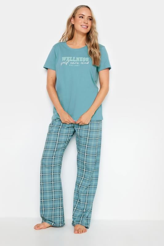 LTS Tall Blue Check Print Slogan Pyjama Trouser Set | Long Tall Sally 2