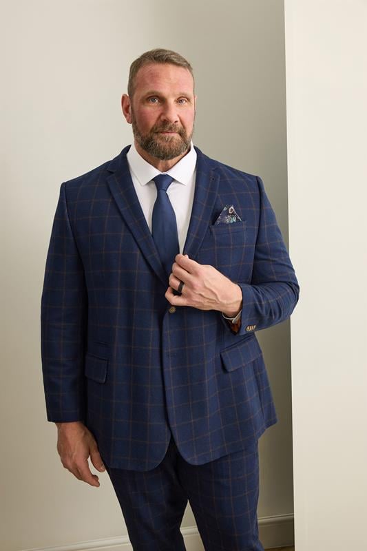  BadRhino Tailoring Big & Tall Navy Blue & Rust Orange Tweed Checked Suit Jacket
