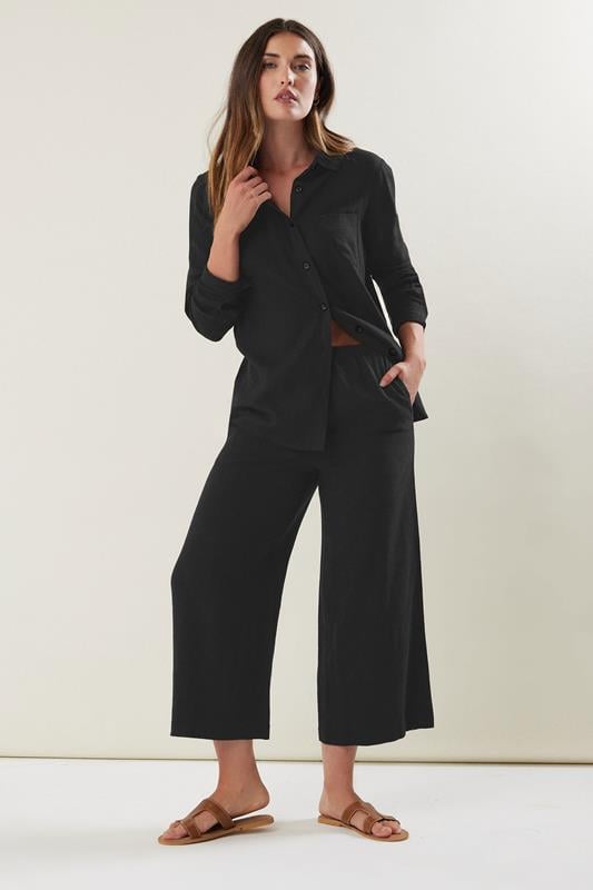 LTS Tall Black Wide Leg Cropped Linen Trousers