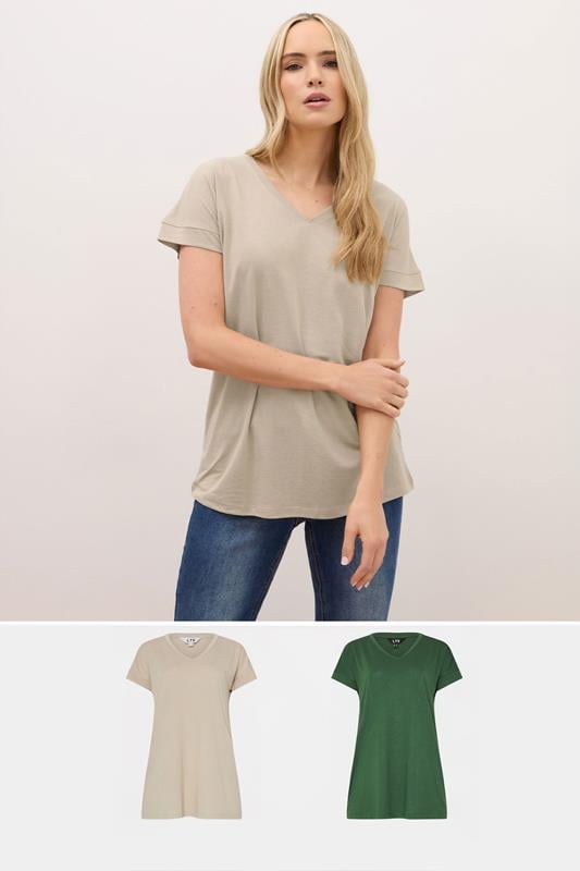 LTS PREMIUM Tall 2 PACK Khaki Green & Stone Brown V-Neck Modal T-Shirts | Long Tall Sally 1