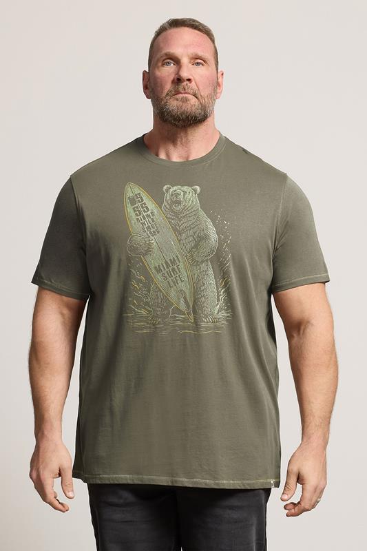  D555 Big & Tall Khaki Green Surfing Bear Print T-Shirt