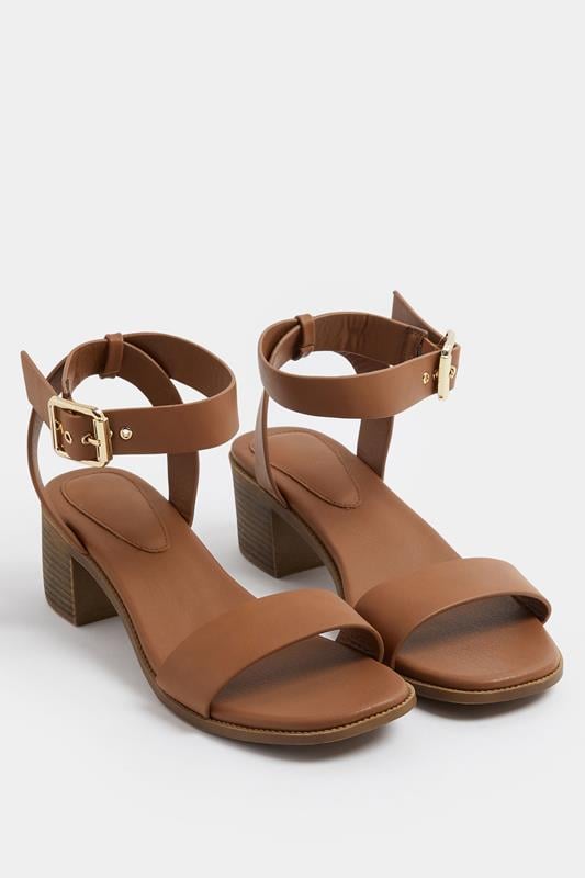 Brown Faux Leather Block Heel Sandals In Wide E Fit