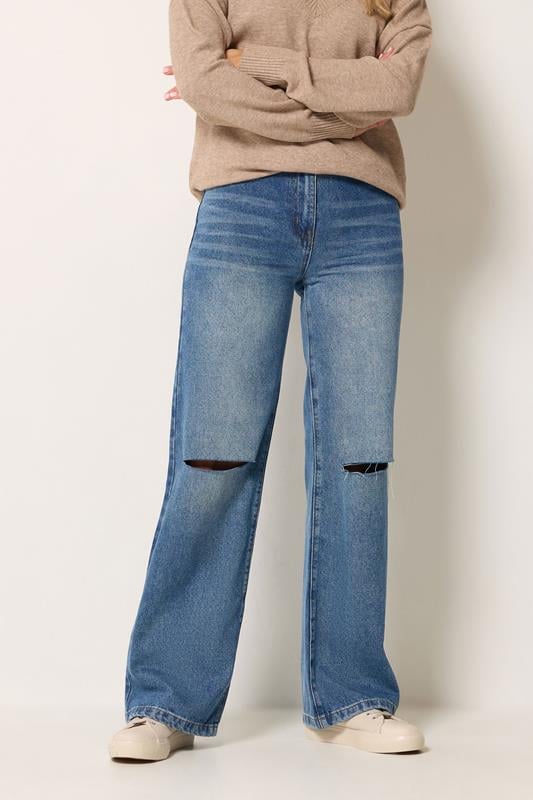 LTS Tall Women's Denim Blue Rip Knee Wide Leg Jeans | Long Tall Sally 2