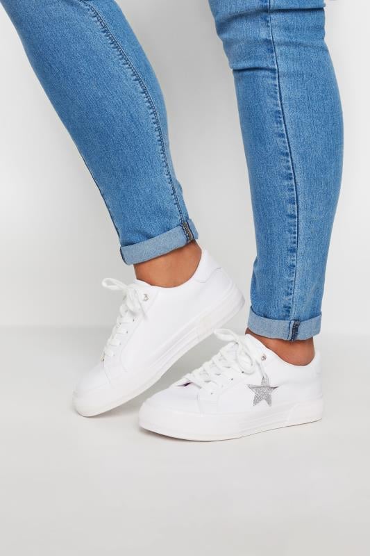 Plus Size  Yours White Glitter Star Trainers In Extra Wide EEE Fit