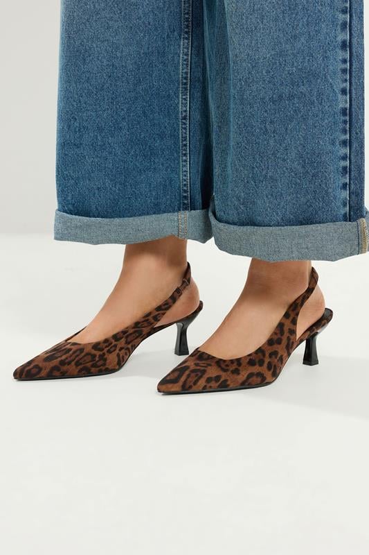 Brown Leopard Faux Suede Sling Back Heels In Wide E Fit | Yours Clothing 1