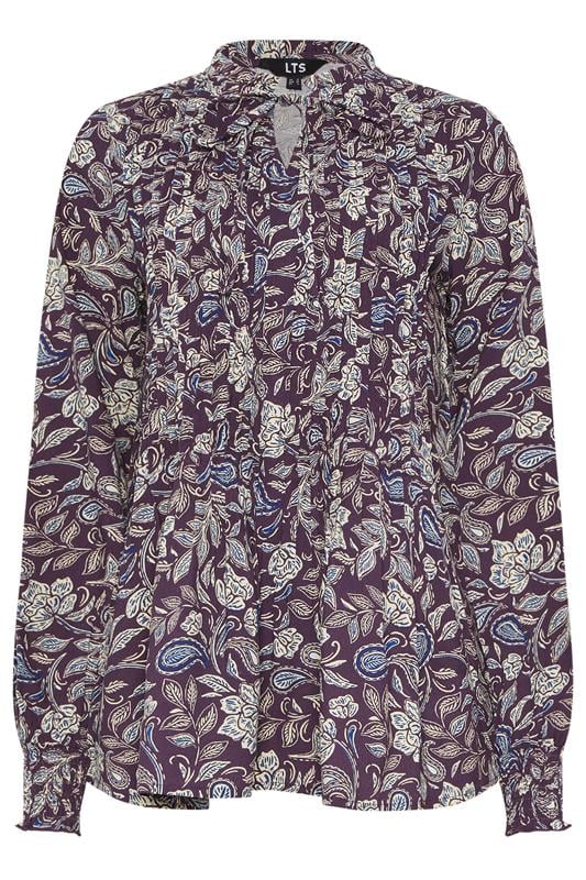 LTS Tall Purple Floral Tie Neck Pintuck Blouse | Long Tall Sally 1