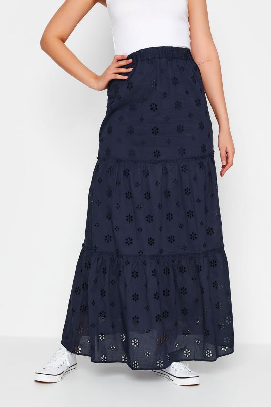 LTS Tall Women's Navy Blue Broderie Anglaise Tiered Maxi Skirt | Long Tall Sally 1