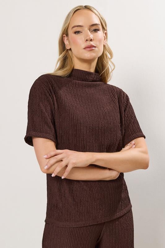 Tall  LTS Tall Chocolate Brown Textured Funnel Neck Top