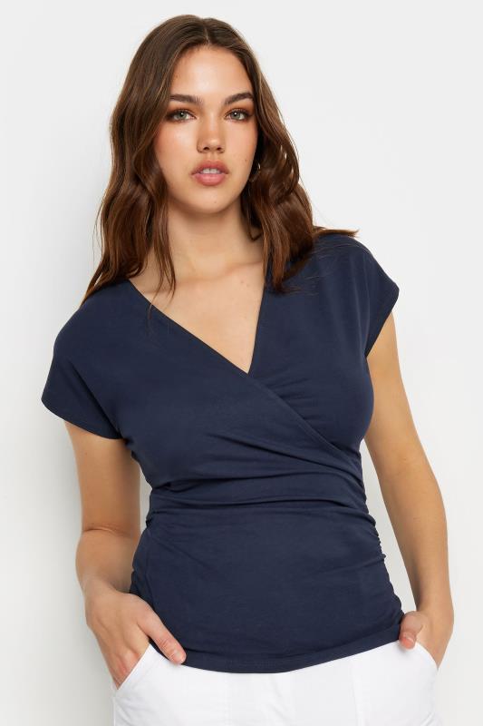LTS Tall Women's Navy Blue Short Sleeve Wrap Top | Long Tall Sally  1