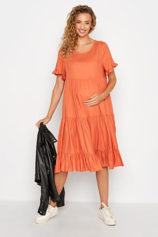 Tall  LTS Tall Orange Maternity Tiered Linen Look Smock Dress