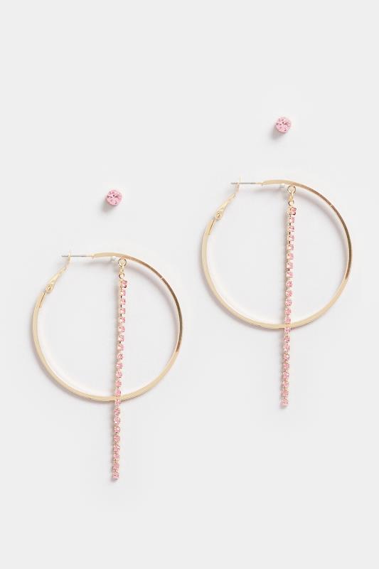 2 PACK Pink & Gold Tone Diamante Stud and Hoop Earring Set | Yours Clothing 2