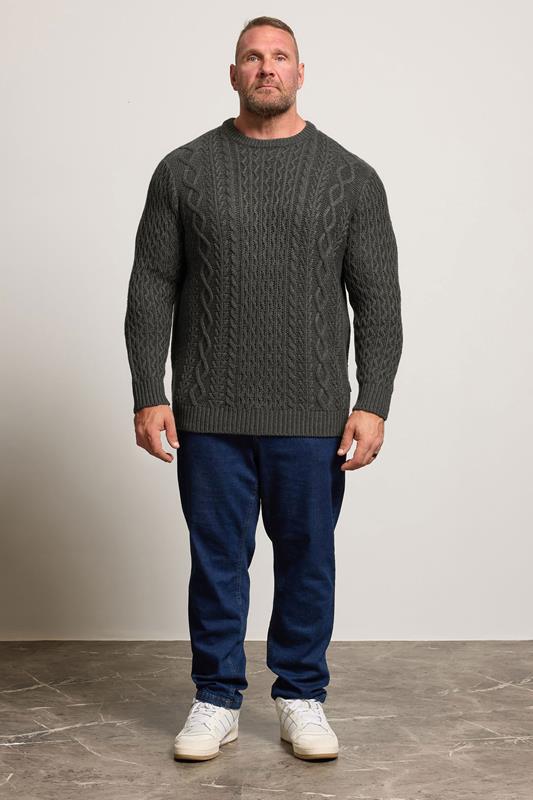 BadRhino Big & Tall Charcoal Grey Crew Neck Cable Knit Jumper | BadRhino 2