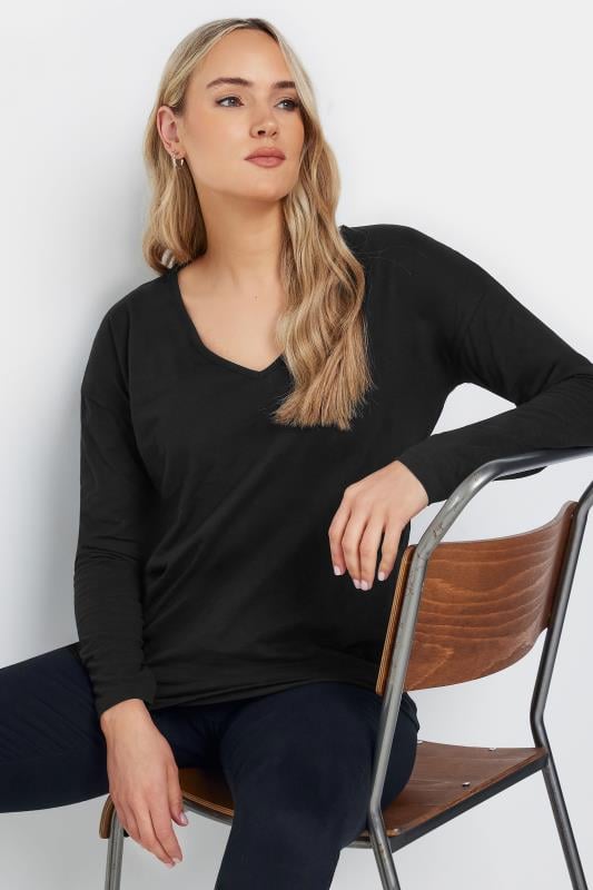 LTS Tall Women's Black V-Neck Long Sleeve Cotton T-Shirt | Long Tall Sally 1