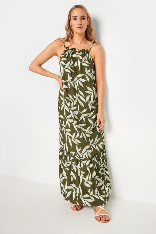 LTS Tall Women's Olive Green Leaf Print Ruched Neck Maxi Dress | Yours Clothing 3