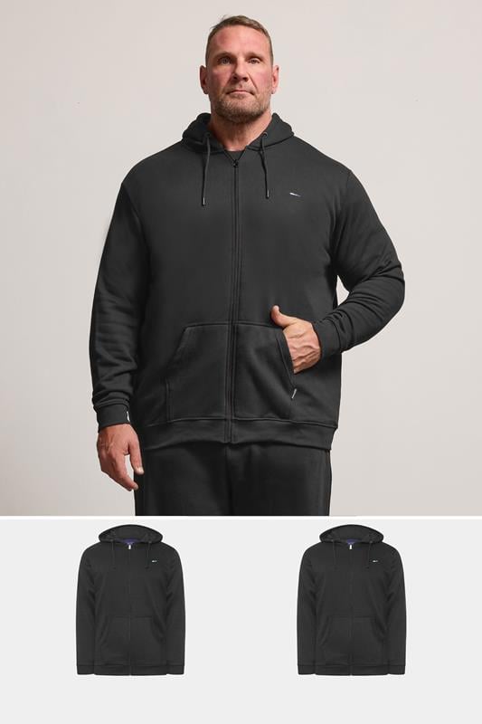 BadRhino Big & Tall 2 PACK Black Zip Through Essential Hoodie