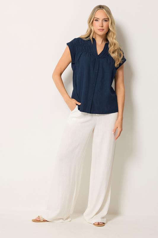 LTS Tall Women's Navy Blue Shirred Detail Linen Blouse | Long Tall Sally 1