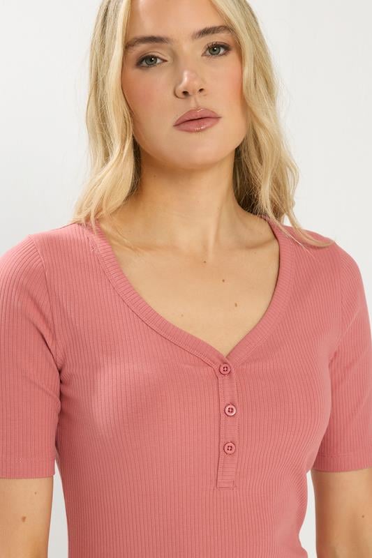 LTS Tall Coral Pink Ribbed Short Sleeve Henley Top | Long Tall Sally 4
