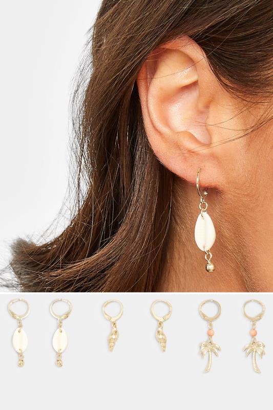 3 PACK Gold Shell Palm Earrings Set | Yours Clothing 1