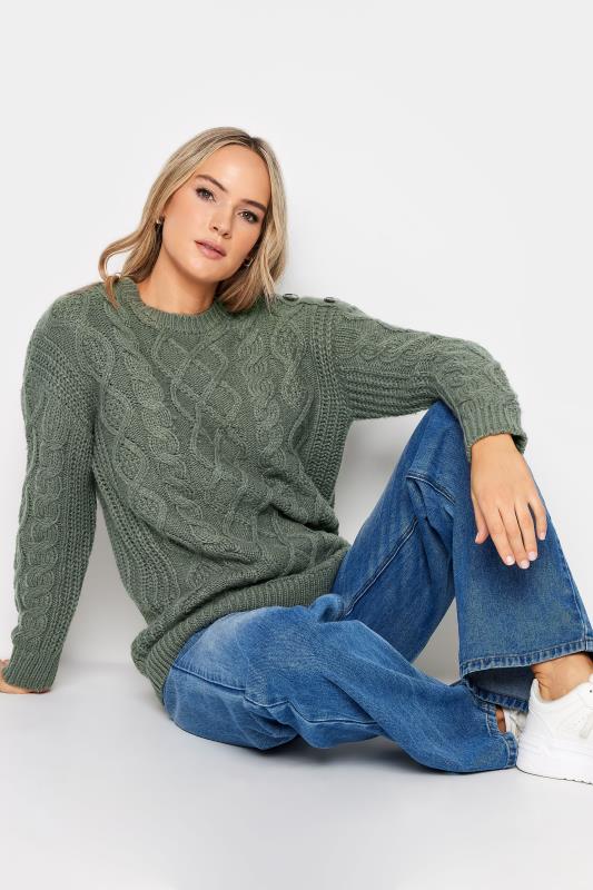 LTS Tall Womens Green Cable Button Scoop Neck Jumper | Long Tall Sally  1
