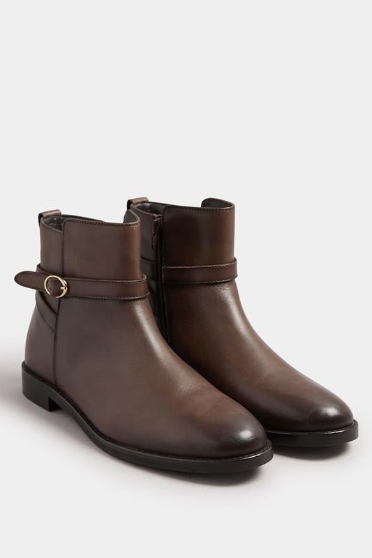 LTS Brown Leather Buckle Detail Ankle Boots In Standard Fit | Long Tall Sally 1