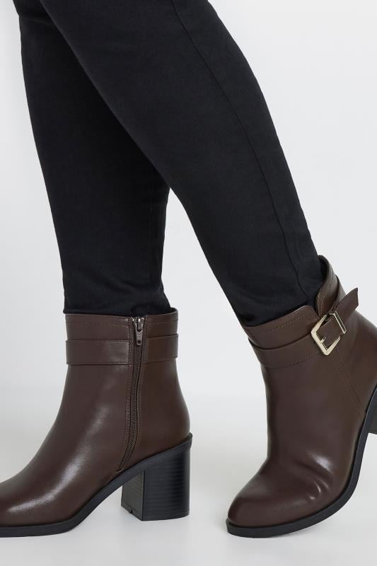 Brown Faux Leather Buckle Detail Ankle Boots In Extra Wide EEE Fit | Yours Clothing 1