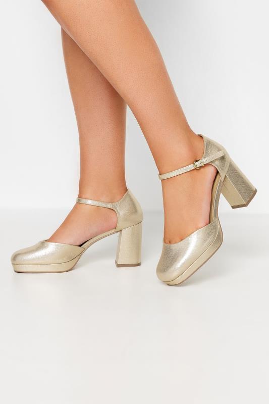 Gold Platform Block Heel Court Shoes In Extra Wide EEE Fit | Yours Clothing 1