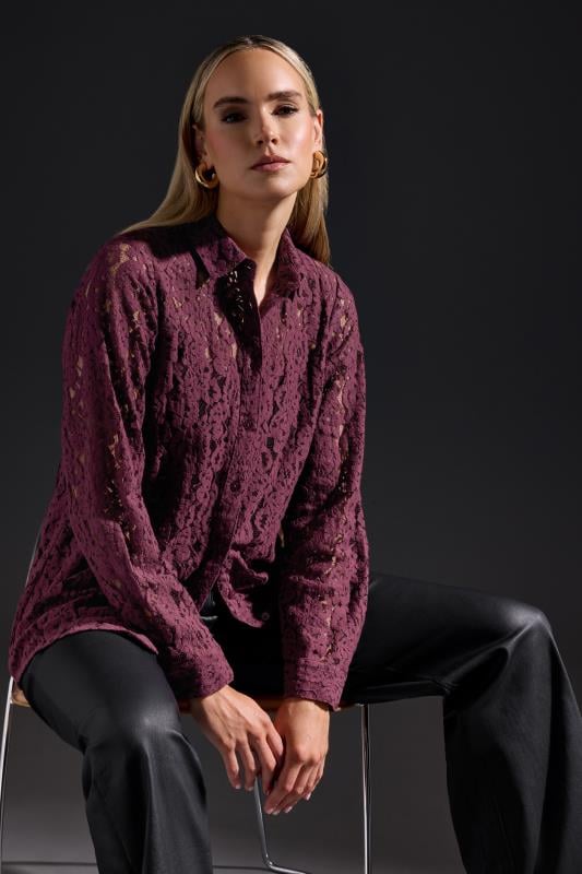 LTS Tall Burgundy Red Lace Long Sleeve Shirt | Long Tall Sally 1