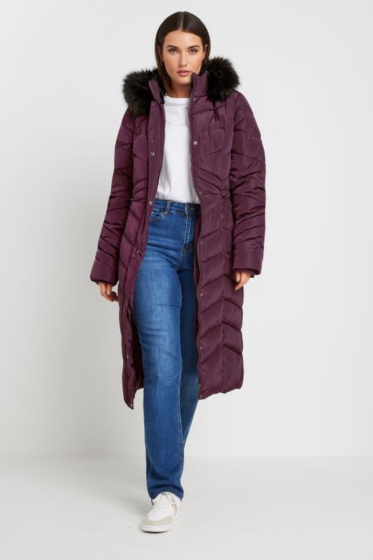 LTS Tall Women's Burgundy Red Faux Fur Trim Padded Longline Coat | Long Tall Sally 2