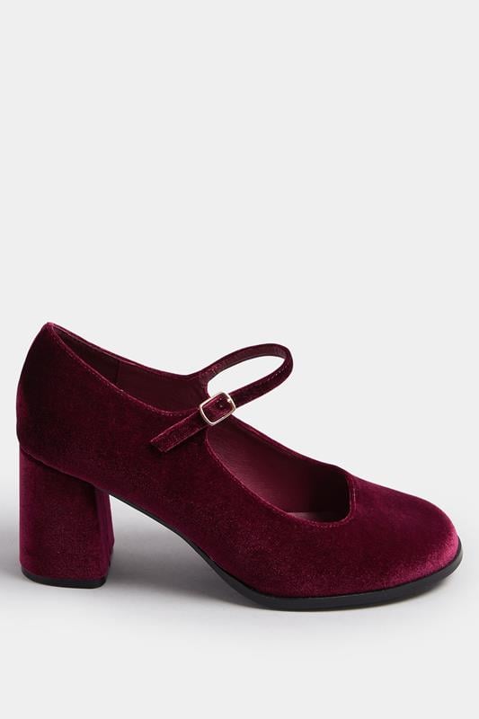Burgundy Red Velvet Mary Jane Block Heels In Extra Wide EEE Fit | Yours Clothing 3