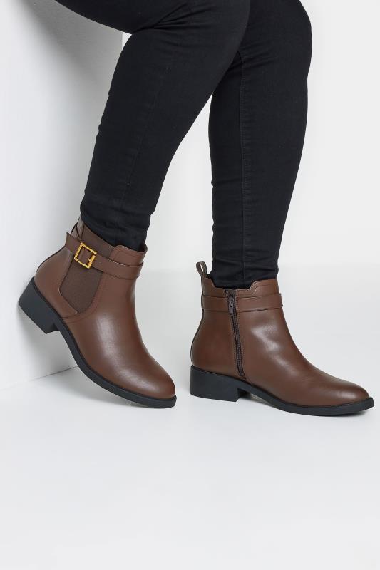 Brown Buckle Faux Leather Ankle Boots In Wide E Fit & Extra Wide EEE Fit | Yours Clothing 1