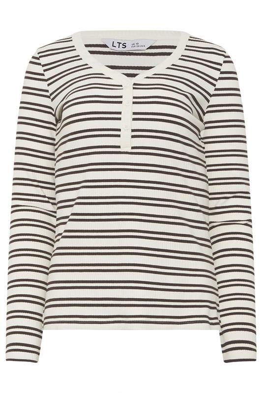 Tall  LTS Tall White & Brown Stripe Cotton Ribbed Henley Top