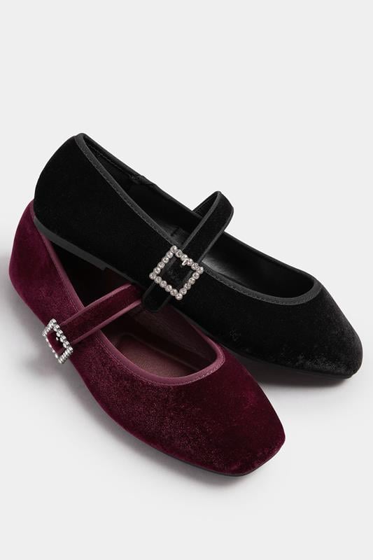 Black Velvet Diamante Buckle Mary Janes In Extra Wide EEE Fit | Yours Clothing 6