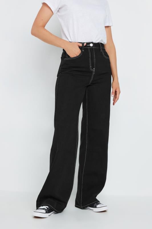 LTS Tall Black Contrast Stitch Wide Leg Jeans | Long Tall Sally 3